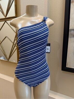 Lauren Ralph Lauren Women’s Harper Stripe One Shoulder Swimsuit Navy NWT